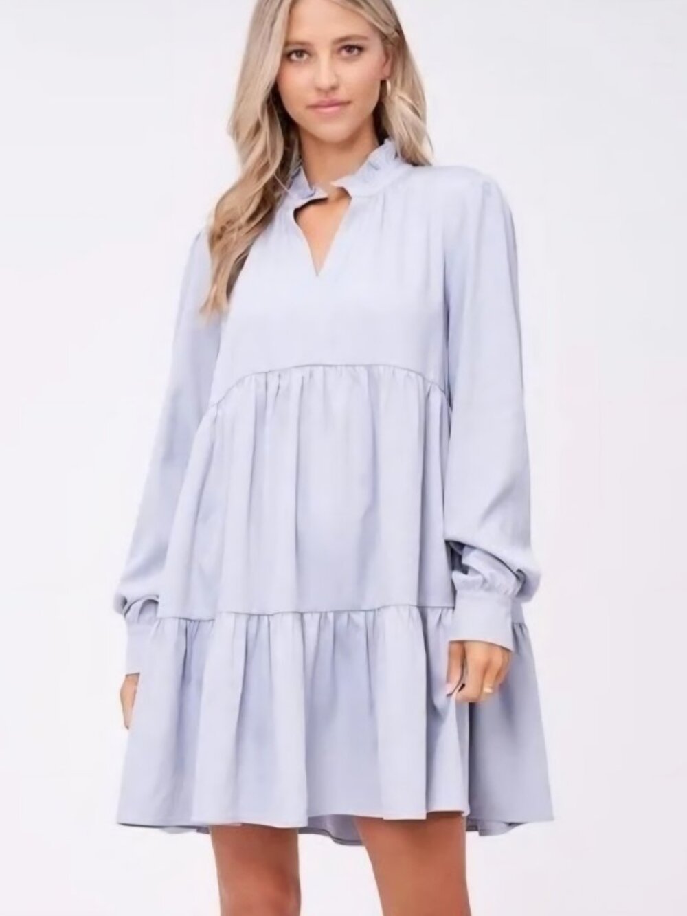 En Saison Long-sleeve Tiered Babydoll Mini Dress Light Grey-blue tone size small